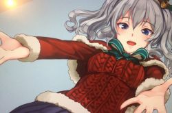 Rule 34 | 10s, 1girl, :d, akasaai, aran sweater, bell, blue eyes, bow, cable knit, capelet, fur-trimmed sleeves, fur trim, hair bell, hair ornament, kantai collection, kashima (kancolle), long sleeves, neck ribbon, open mouth, outstretched arms, ribbon, silver hair, smile, solo, spread arms, sweater