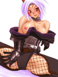 Rule 34 | 00s, 1girl, armor, black gloves, breasts, collar, final fantasy, final fantasy xi, fishnet pantyhose, fishnets, gloves, large breasts, mithra (ff11), nipples, pantyhose, short hair, simple background, solo, thighhighs, topless, white hair