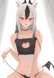 Rule 34 | 1girl, absurdres, black camisole, black choker, black hair, black horns, black panties, black wings, blue archive, blush, camisole, choker, closed mouth, collarbone, demon horns, demon wings, grey hair, grey halo, groin, hair between eyes, halo, highres, horns, kayoko (blue archive), light smile, long hair, looking at viewer, mole, navel, panties, randouworks, red eyes, single wing, solo, underwear, wings