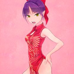 Rule 34 | 1girl, akagi (fmttps), bad id, bad pixiv id, bare shoulders, bow, china dress, chinese clothes, cleavage cutout, clothing cutout, dress, fangs, gegege no kitarou, hair bow, hands on own hips, looking at viewer, nekomusume, nekomusume (gegege no kitarou 6), open mouth, parted bangs, pelvic curtain, pink background, pointy ears, purple hair, red bow, red dress, short hair, side slit, solo, yellow eyes