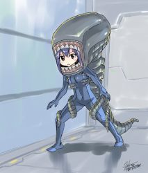 Rule 34 | 1girl, alien (1979), blue hair, blush, blush stickers, cosplay, fairy tail, looking at viewer, mashima hiro, signature, solo, wendy marvell, xenomorph, xenomorph (cosplay)