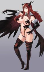 Rule 34 | 10s, 1girl, alternate costume, bad id, bad pixiv id, black panties, blush, boots, breasts, cameltoe, demon horns, elbow gloves, fur trim, g-string, gloves, hand on own hip, highleg, highleg panties, horns, iwanai tomoeju, iwauchi tomoki, large breasts, maou (maoyuu), maoyuu maou yuusha, md5 mismatch, panties, red eyes, red hair, revealing clothes, solo, thigh boots, thighhighs, thong, underwear, wings