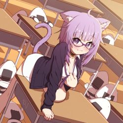 Rule 34 | 1girl, :3, ahoge, animal ear fluff, animal ears, bare legs, bespectacled, black cardigan, blush, breasts, cardigan, cat ears, cat girl, cat tail, classroom, cleavage, closed mouth, collar, commentary request, creature, desk, dutch angle, food, glasses, highres, hololive, indoors, leg up, long sleeves, looking at viewer, medium breasts, nekomata okayu, nekomata okayu (oversized shirt), no pants, official alternate costume, onigiri, open cardigan, open clothes, purple-framed eyewear, purple eyes, purple hair, school desk, shirt, short hair, sizque, smile, solo, tail, virtual youtuber, white shirt