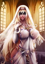 Rule 34 | 1girl, blindfold, blonde hair, breasts, church, cleavage, comic, curtains, fingerless gloves, gloves, goblin slayer, goblin slayer!, highres, large breasts, luminyu, nun, parted lips, sword, sword maiden, weapon, white gloves, window