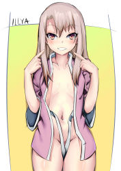Rule 34 | 1girl, absurdres, asymmetrical bangs, character name, collarbone, convenient censoring, cowboy shot, fate/stay night, fate (series), grin, highres, illyasviel von einzbern, index finger raised, long hair, looking at viewer, navel, open clothes, open shirt, pear sauce, pink shirt, red eyes, shiny skin, shirt, silver hair, sketch, smile, solo, standing, straight hair, two-tone background, white background, yellow background
