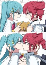 2koma 3girls absurdres akita_neru anger_vein angry aqua_eyes aqua_hair aqua_nails arguing bag black_bag black_choker blonde_hair channel_(caststation) choker comic drill_hair ear_piercing earclip emphasis_lines face-to-face fang forced_kiss french_kiss grabbing_another&#039;s_hair grabbing_from_behind gyaru hair_ornament hairclip hand_on_another&#039;s_head hatsune_miku highres holding_hands interlocked_fingers jitome kasane_teto kiss long_hair multiple_girls nail_polish piercing pointing pointing_at_another red_eyes red_hair shirt side_ponytail simple_background teeth triple_baka_(vocaloid) twin_drills twintails utau veins very_long_hair vocaloid white_background white_shirt yellow_eyes yellow_nails yuri