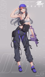 Rule 34 | 1girl, arm up, artist name, bag, belt, blue footwear, breasts, cuffs, eyebrows visible through hat, eyelashes, fingernails, grey background, grey eyes, grey hair, grey pants, gun, hat, highres, holding, holding weapon, kriss vector, lips, long fingernails, long hair, looking at viewer, love cacao, medium breasts, nike (company), open mouth, original, pants, pocket, scope, shoes, simple background, sleeveless, sneakers, solo, standing, strap, submachine gun, weapon