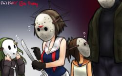 Rule 34 | 10s, 1boy, 3girls, ?, breasts, brown hair, cleavage, crossover, curious, friday the 13th, gloves, green hair, hamu koutarou, i-401 (kancolle), image sample, jason voorhees, kantai collection, knife, mario (series), mask, maya (kancolle), multiple girls, nagatsuki (kancolle), nintendo, resolution mismatch, shy guy, source larger, super mario bros. 1, tall