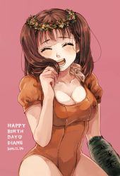 Rule 34 | 10s, 1girl, :d, ^ ^, awa (12687414), bad id, bad pixiv id, blush, breasts, brown hair, character name, cleavage, closed eyes, collarbone, cowboy shot, dated, diane (nanatsu no taizai), elbow gloves, gloves, happy, happy birthday, head wreath, heart, large breasts, leotard, nanatsu no taizai, open mouth, pink background, playing with own hair, puffy short sleeves, puffy sleeves, short sleeves, short twintails, simple background, single glove, smile, solo, twintails, wreath
