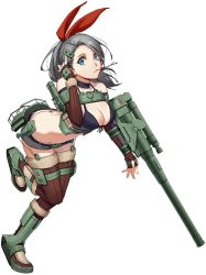 Rule 34 | 1girl, adjusting hair, ass, bare shoulders, blue eyes, bow, breasts, butt crack, cannon, cleavage, fingerless gloves, full body, garter straps, gloves, hip focus, large breasts, leaning forward, looking at viewer, mecha musume, miniskirt, mouth hold, official art, panzer waltz, personification, ponytail, silver hair, skirt, solo, stomach, su-14 spg (panzer waltz), tama (tamatamo), thighhighs, thighs, transparent background