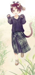 Rule 34 | 1girl, alternate costume, animal ears, blue skirt, blue sweater, brown eyes, brown hair, cat ears, cat tail, full body, highres, kantai collection, kujira naoto, long skirt, paw pose, plaid, plaid skirt, ponytail, shikinami (kancolle), shoes, short hair, skirt, sleeves past wrists, sneakers, solo, sweater, tail