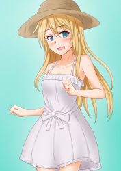 Rule 34 | 1girl, alternate costume, anti (untea9), blonde hair, blue eyes, collarbone, commentary request, cowboy shot, dress, gradient background, green background, hair between eyes, hat, highres, jervis (kancolle), kantai collection, light blush, long hair, looking at viewer, open mouth, sleeveless, sleeveless dress, smile, solo, sun hat, sundress, white dress