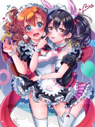 Rule 34 | 2girls, :o, absurdres, artist request, black hair, blue eyes, blush, bow, bowtie, breasts, chelsea0327, cleavage, collarbone, female focus, frilled skirt, frills, garter straps, hair between eyes, highres, index finger raised, kosaka honoka, love live!, love live! school idol project, medium breasts, mogyutto &quot;love&quot; de sekkin chuu!, multiple girls, orange hair, pink bow, pink skirt, red bow, red bowtie, red eyes, short hair, short sleeves, signature, simple background, skirt, standing, sweatdrop, thighhighs, tongue, tongue out, twintails, white background, white thighhighs, wristband, yazawa nico