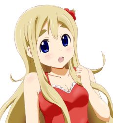 Rule 34 | 1girl, bad id, bad pixiv id, blonde hair, blue eyes, blush, dress, female focus, k-on!, kotobuki tsumugi, long hair, looking at viewer, ma-2 (mazema-2), md5 mismatch, open mouth, round teeth, simple background, smile, solo, teeth, white background