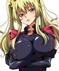 Rule 34 | 1girl, black gloves, blonde hair, blush, breast hold, breasts, code geass, code geass: boukoku no akito, gloves, hair ornament, large breasts, leila malcal, long hair, looking at viewer, oekaki, parted lips, pilot suit, purple eyes, runaru, skin tight, solo, twintails, upper body
