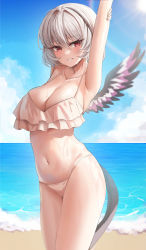 Rule 34 | 1girl, absurdres, arm up, armpits, bad id, bad twitter id, beach, bikini, biya (1024), blue sky, blush, breasts, cloud, copyright request, day, hair between eyes, highres, large breasts, looking at viewer, navel, ocean, outdoors, parted lips, red eyes, short hair, sky, solo, standing, sun, sunlight, sweat, swimsuit, tail, thighs, white bikini, white hair, wings