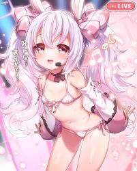 Rule 34 | 1girl, :d, animal ears, azur lane, bikini, black choker, bow choker, breasts, choker, collarbone, commentary request, cowboy shot, detached sleeves, fake animal ears, front-tie bikini top, front-tie top, highres, idol, laffey (azur lane), laffey (bunny idol @unmotivated) (azur lane), long hair, long sleeves, microphone, musical note, navel, official alternate costume, open mouth, paid reward available, parted lips, pink eyes, rabbit ears, side-tie bikini bottom, small breasts, smile, solo, swimsuit, teeth, translation request, twintails, upper teeth only, white bikini, white hair, white sleeves, yufukiri