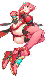 Rule 34 | 1girl, absurdres, armor, ass, black gloves, breasts, commentary request, earrings, fingerless gloves, foreshortening, gloves, gold trim, green322, hand on thigh, highres, jewelry, large breasts, legs, legs together, looking to the side, lying, on side, open mouth, pyra (xenoblade), red eyes, red footwear, red hair, red shorts, red thighhighs, shadow, shiny clothes, short hair, short shorts, shorts, shoulder armor, sidelocks, simple background, solo, swept bangs, thighhighs, thighs, tiara, white background, xenoblade chronicles (series), xenoblade chronicles 2