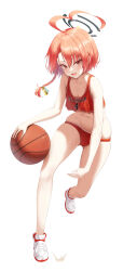 Rule 34 | 1girl, ahoge, alternate costume, asymmetrical bangs, ball, basketball, basketball jersey, blue archive, braid, breasts, collarbone, commentary, crop top, cross-laced footwear, fang, full body, gluteal fold, halo, highres, holding, holding ball, huge ahoge, ju-ok, looking at viewer, lowleg, lowleg shorts, mole, mole under eye, navel, neru (blue archive), open mouth, orange hair, red eyes, short hair, shorts, side braid, sidelocks, simple background, single braid, skin fang, skindentation, small breasts, solo, sweat, tank top, white background