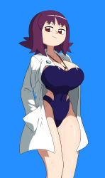 Rule 34 | 1girl, blue background, blush, breasts, brown eyes, cleavage, creatures (company), curvy, game freak, hands on own hips, highres, lab coat, large breasts, looking at viewer, nintendo, one-piece swimsuit, philena ivy, pokemon, pokemon (anime), pokemon (classic anime), purple hair, shiny skin, simple background, smile, solo, strapless, strapless one-piece swimsuit, swimsuit, wide hips, yuta agc