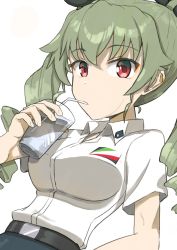 Rule 34 | 1girl, adapted uniform, anchovy (girls und panzer), anzio school uniform, belt, black belt, black ribbon, black skirt, breasts, collared shirt, cup, dress shirt, drill hair, drinking, emblem, girls und panzer, green hair, hair ribbon, highres, holding, holding cup, large breasts, long hair, looking at viewer, red eyes, ribbon, school uniform, shirt, short sleeves, simple background, skirt, solo, twin drills, twintails, white background, white shirt, wing collar, yurifiss