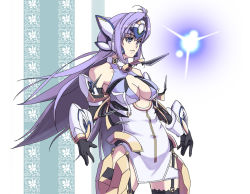 Rule 34 | 1girl, android, bad id, bad pixiv id, blue eyes, blue hair, breasts, cleavage, commentary request, cyborg, elbow gloves, forehead protector, gloves, kos-mos, long hair, oitsuki (getsumen diver), solo, thighhighs, very long hair, xenosaga, xenosaga episode iii