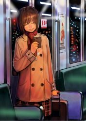 Rule 34 | 1girl, brown bag, brown hair, brown jacket, brown skirt, bukimi isan, buttons, cellphone, closed eyes, commentary request, cowboy shot, double-breasted, hagiwara yukiho, highres, holding, holding phone, idolmaster, idolmaster (classic), jacket, long sleeves, night, phone, plaid, plaid skirt, red scarf, scarf, short hair, skirt, smartphone, smile, solo, standing, train interior