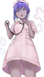 Rule 34 | 1girl, :o, cowboy shot, dark-skinned female, dark skin, dress, fate/grand order, fate (series), foreshortening, from below, hands up, hassan of serenity (fate), hat, highres, holding, holding stethoscope, hyakuashi2525, light blush, looking at viewer, looking down, lower teeth only, nurse, nurse cap, open mouth, pink dress, pink hat, purple eyes, purple hair, short hair, short sleeves, simple background, solo, stethoscope, teeth, upskirt, white background