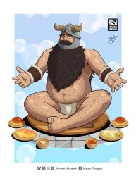 Rule 34 | 1boy, bara, beard, belly, bread, brown hair, bulge, crossed legs, dungeon meshi, dwarf, facial hair, fake horns, fat, fat man, food, full body, hairy, helmet, highres, horned helmet, horns, loincloth, long beard, looking at viewer, male focus, maxxfergus, merchandise available, muscular, muscular male, mustache, offering hand, senshi (dungeon meshi), sitting, solo, sparse chest hair, sparse navel hair, thick arm hair, thick eyebrows, thick mustache, thick navel hair, topless male, very hairy, very long beard