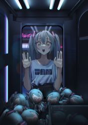 Rule 34 | 1girl, black skirt, blouse, blue eyes, blue hair, clothes writing, collarbone, crane game, crossed bangs, flat chest, hachune miku, hair between eyes, hand on glass, hand on window, hatsune miku, highres, long hair, mikudayoo, open mouth, pleated skirt, print shirt, shirt, shirt tucked in, skirt, smile, solo, teeth, twintails, upper teeth only, vertigris, vocaloid, white shirt