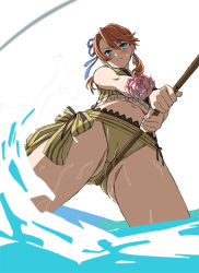 Rule 34 | 1girl, aqua eyes, ass, bikini, blue eyes, blush, breasts, brown hair, cowboy shot, crotch, earrings, falcom, female focus, fishing rod, flower, from below, gluteal fold, hair ornament, hair ribbon, jewelry, kekke, laxia (ys), legs apart, long hair, looking at viewer, looking down, navel, partially submerged, ribbon, skindentation, solo, standing, sweatdrop, swimsuit, thighs, twintails, water, wet, ys, ys viii lacrimosa of dana