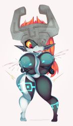 Rule 34 | 1girl, ass, ass expansion, barefoot, breast expansion, breasts, colored sclera, colored skin, colorized, full body, grey background, helmet, highres, huge ass, huge breasts, jontxu, lactation, long hair, looking down, midna, monster girl, multicolored skin, nintendo, nipples, nude, open mouth, pointy ears, purple-yoshi-draws, red eyes, red hair, shortstack, simple background, solo, standing, teeth, the legend of zelda, the legend of zelda: twilight princess, thick thighs, thighs, tongue, two-tone skin, upper teeth only, yellow sclera