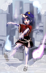 Rule 34 | 1girl, :d, bare legs, beret, blue eyes, blue hair, female focus, ghost, graveyard, hat, hitodama, jiangshi, matching hair/eyes, miyako yoshika, ofuda, open mouth, outstretched arms, pale skin, short hair, skirt, smile, solo, star (symbol), tombstone, touhou, wtuw, zombie pose