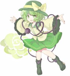Rule 34 | 1girl, :d, black footwear, black hat, blouse, boots, bow, bright pupils, buttons, diamond button, frilled shirt collar, frilled sleeves, frills, full body, green eyes, green hair, green skirt, hat, hat bow, hat ribbon, heart, heart-shaped pupils, heart of string, highres, ka (haterun), komeiji koishi, long sleeves, looking at viewer, medium hair, open mouth, outstretched arms, ribbon, shirt, simple background, skirt, smile, solo, symbol-shaped pupils, third eye, touhou, wavy hair, white background, wide sleeves, yellow bow, yellow ribbon, yellow shirt