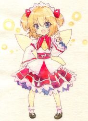 Rule 34 | 1girl, blue eyes, dress, fairy wings, fang, full body, hair ribbon, long sleeves, looking at viewer, one-hour drawing challenge, open mouth, red dress, red hair, red ribbon, ribbon, sasamiii373, smile, solo, standing, sunny milk, tiara, touhou, traditional media, two side up, white background, wings