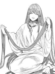 Rule 34 | 1other, absurdly long hair, androgynous, barefoot, commentary request, enkidu (fate), fate/strange fake, fate (series), greyscale, kimidake, long hair, monochrome, other focus, robe, sitting, solo, very long hair, yokozuwari