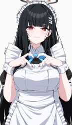 Rule 34 | 1girl, apron, black dress, black hair, blue archive, blue bow, blue bowtie, blush, bow, bowtie, breasts, bright pupils, collared dress, commentary, dress, hair ornament, hairclip, halo, heart, heart hands, highres, large breasts, long hair, looking at viewer, maid apron, maid headdress, red eyes, red nails, reia 76, rio (blue archive), smile, solo, twitter username, white pupils, wrist cuffs