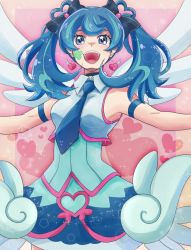 Rule 34 | 1girl, artist request, bare shoulders, blue angel, blue hair, breasts, female focus, happy, long hair, looking at viewer, medium breasts, one eye closed, open mouth, smile, solo, twintails, upper body, wink, yu-gi-oh!, yuu-gi-ou, yuu-gi-ou vrains, zaizen aoi