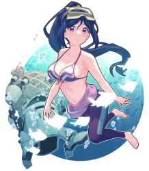 Rule 34 | 1boy, 1girl, bikini, blue hair, breasts, bubble, cleavage, commentary, diving mask, diving suit, fish, genjitsu no yohane, goggles, high ponytail, large breasts, long hair, looking at viewer, love live!, love live! sunshine!!, matsuura kanan, net, ponytail, robot, sidelocks, signature, smile, swimsuit, symbol-only commentary, tonosama (genjitsu no yohane), waste-man