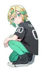 Rule 34 | 1girl, black footwear, black shirt, blonde hair, closed mouth, full body, green eyes, green hair, green nails, green pantyhose, hair ornament, hairclip, highres, looking at viewer, multicolored hair, on one knee, original, pantyhose, shirt, sho bu 1116, shoes, short hair, short sleeves, simple background, sneakers, solo, t-shirt, white background
