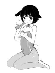 Rule 34 | 1girl, ?, animal ears, blush, bow, bowtie, breasts, carrot, full body, greyscale, holding, holding carrot, leotard, looking at viewer, monochrome, original, pantyhose, parted lips, playboy bunny, rabbit ears, rabbit tail, sekiya asami, shoes, short hair, simple background, small breasts, solo, strapless, strapless leotard, tail, traditional bowtie, white background