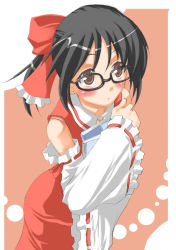 Rule 34 | 1girl, bespectacled, blush, book, bow, brown eyes, detached sleeves, female focus, glasses, hair bow, hakurei reimu, japanese clothes, miko, ponytail, simple background, solo, standing, touhou, yohane