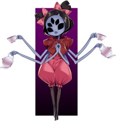 Rule 34 | 1girl, black hair, bow, colored skin, cup, extra arms, extra eyes, fangs, female focus, full body, hair bow, highres, arthropod girl, miyamae (miyazen9311), monster girl, muffet, no pupils, open mouth, puffy pants, puffy short sleeves, puffy sleeves, purple skin, short sleeves, short twintails, solo, spider girl, standing, teacup, teapot, twintails, undertale