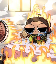 Rule 34 | 1girl, annoyed, apex legends, artist name, black eyes, brown hair, cartoonized, chibi, commentary, conduit (apex legends), cup, dark-skinned female, dark skin, earrings, electric fan, english commentary, exoskeleton, fingerless gloves, fire, freckles, gloves, grey gloves, highres, holding, holding cup, jewelry, miyan (oceanmaiden), mug, on bed, short hair, sitting, solo, tagalog text, toon (style), translation request, window