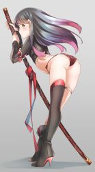 Rule 34 | ass, asymmetrical footwear, black footwear, black hair, black shirt, blush, boots, brown eyes, closed mouth, comah, crop top, grey background, hand up, high heel boots, high heels, highres, katana, leaning forward, long hair, long sleeves, looking at viewer, looking back, multicolored hair, original, panties, pink hair, red panties, shadow, sheath, sheathed, shirt, side-tie panties, simple background, single thigh boot, skindentation, sleeves past wrists, smile, solo, streaked hair, sword, thigh boots, thigh strap, underwear, very long hair, weapon, wedgie