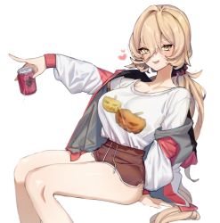 Rule 34 | 1girl, bad id, bad pixiv id, bare legs, black shorts, blonde hair, blush, breasts, can, cleavage, commentary, cowboy shot, drink, eyelashes, fang, hair between eyes, heart, highres, holding, holding can, invisible chair, jack-o&#039;-lantern print, jacket, large breasts, long hair, long sleeves, looking at viewer, multicolored clothes, multicolored jacket, nijisanji, nui sociere, nui sociere (2nd costume), off shoulder, open clothes, open jacket, open mouth, ponytail, red jacket, shirt, short shorts, shorts, simple background, sitting, smile, solo, t-shirt, thighs, two-tone jacket, uhhgaoh, virtual youtuber, white background, white jacket, white shirt, yellow eyes