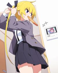 Rule 34 | 2girls, adjusting hair, black necktie, black skirt, blonde hair, blue eyes, blush stickers, coat, commentary request, grey coat, highres, kill me baby, looking at another, multiple girls, necktie, open clothes, open coat, oribe yasuna, pleated skirt, shirt, skirt, sonya (kill me baby), sweat, twintails, white shirt, wooden door, yachima tana