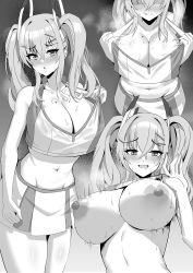 Rule 34 | 1girl, :d, :o, :q, absurdres, azur lane, bare shoulders, blush, breasts, bremerton (azur lane), bremerton (scorching-hot training) (azur lane), cleavage, closed mouth, clothes lift, collarbone, collared shirt, commentary request, crop top, crop top overhang, crossed bangs, drooling, greyscale, groin, hair between eyes, hair intakes, hair ornament, hairclip, hand up, highres, large breasts, lifted by self, long hair, looking at viewer, midriff, mole, mole on breast, mole under eye, monochrome, motion lines, mouth drool, multicolored hair, navel, nipples, nose blush, official alternate costume, onedoo, open mouth, paid reward available, pleated skirt, shirt, shirt lift, shirt tug, sidelocks, skirt, sleeveless, sleeveless shirt, smile, sportswear, steam, stomach, streaked hair, sweat, tennis uniform, tongue, tongue out, twintails, two-tone hair, two-tone shirt, two-tone skirt, wet, wet clothes, wet shirt, white shirt, white skirt, x hair ornament