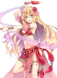 Rule 34 | 1girl, :d, anklet, aqua eyes, arm up, armpits, bare shoulders, blonde hair, breasts, cleavage, commentary request, detached sleeves, flower, fringe trim, hair flower, hair ornament, harem outfit, holding, jewelry, leg up, long hair, looking at viewer, medium breasts, navel, open mouth, pelvic curtain, puffy short sleeves, puffy sleeves, red flower, rose, scoop musou, short sleeves, shovel, simple background, smile, solo, stomach, thighs, very long hair, white background, yuuki hagure