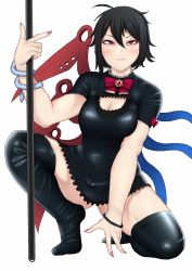 Rule 34 | 1girl, arm support, asymmetrical wings, black hair, blush, bracelet, breasts, cleavage, cleavage cutout, clothing cutout, commentary request, eyeshadow, fingernails, gem, grabbing, highres, houjuu nue, jewelry, lips, makeup, miniskirt, nail polish, nicutoka, on one knee, photo-referenced, polearm, red eyes, ribbon, skirt, smile, squatting, thighhighs, thighs, touhou, weapon, wings